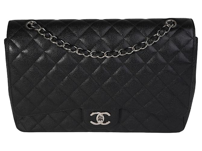 Timeless Chanel Black Quilted Caviar Maxi Classic Double Flap Bag Leather  ref.1305470