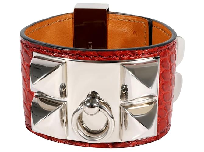 Hermès Collier De Chien Dark Red Crocodile Leather Bracelet Metallic  ref.1305491