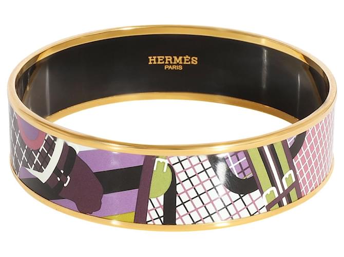 Hermès Plated Pour Sortier Printed Wide Enamel Bracelet (67mm) Golden Metallic Metal  ref.1305492