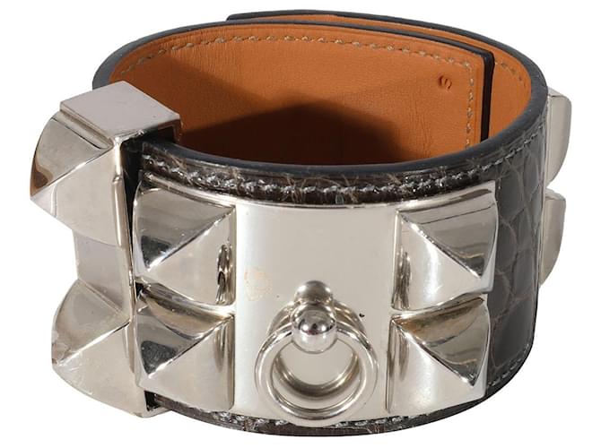 Hermès Hermes Collier De Chien-Armband aus Schokoladen-Alligator-Palladium-beschichtetem Hartmetall Metallisch  ref.1305537