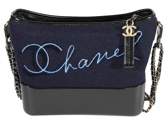 Chanel Navy Wool Paris-hamburg Embroidered Large Gabrielle Hobo Black Leather  ref.1305618