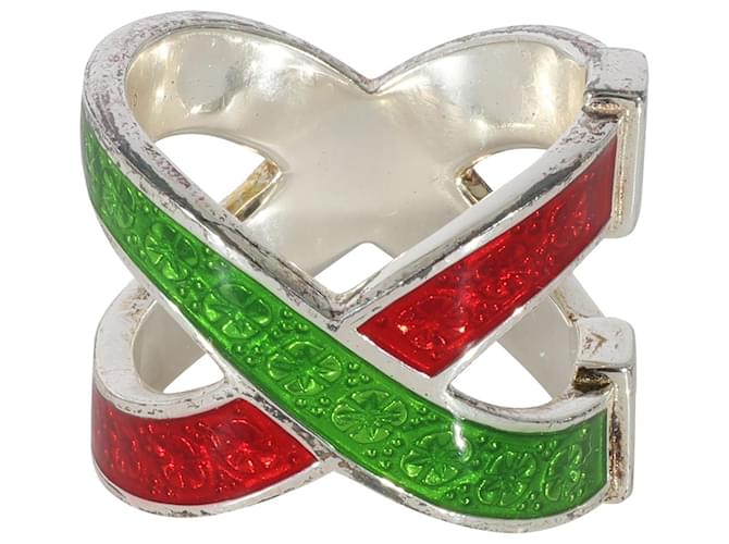 Anello smaltato incrociato Gucci Web rosso e verde in argento sterling Metallico Metallo  ref.1305648