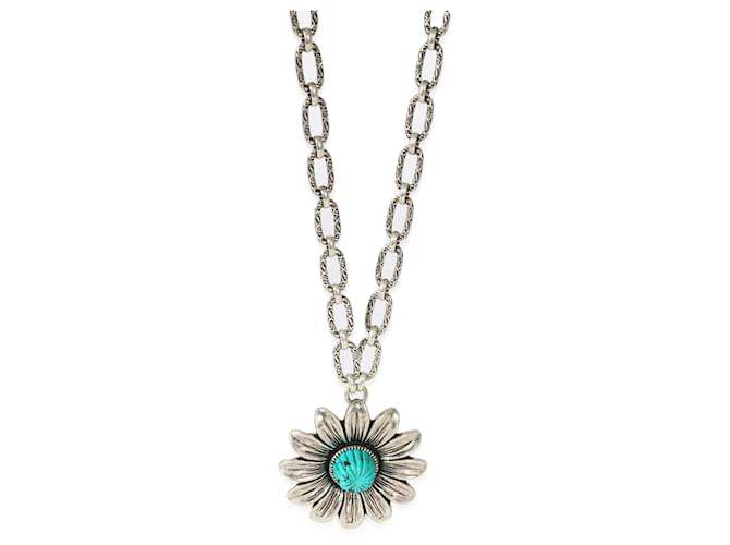 Gucci Marmont lined G Flower Necklace in Sterling Silver on Long Chain Silvery Metallic Metal  ref.1305650
