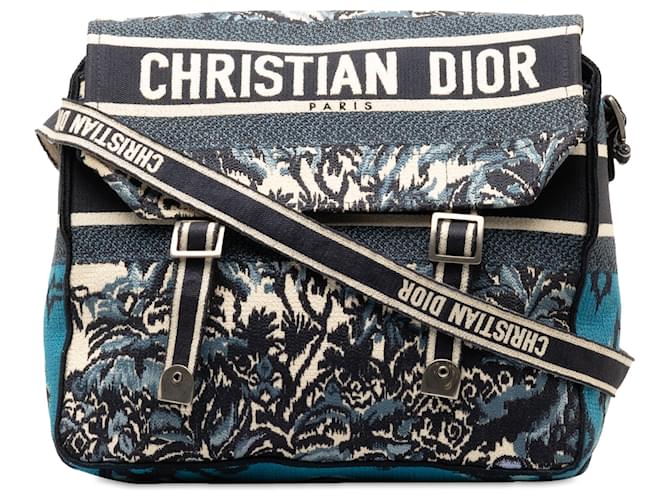 Dior Blaue große Diorcamp Messenger Bag mit Palmenstickerei Leinwand Tuch  ref.1305799