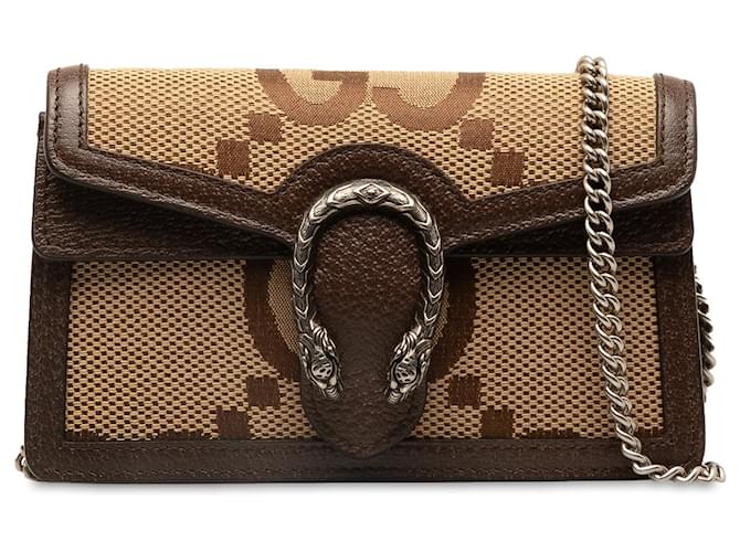 Gucci Brown Super Mini Jumbo GG Dionysus Wallet on Chain Leather Cloth Pony-style calfskin Cloth  ref.1305817