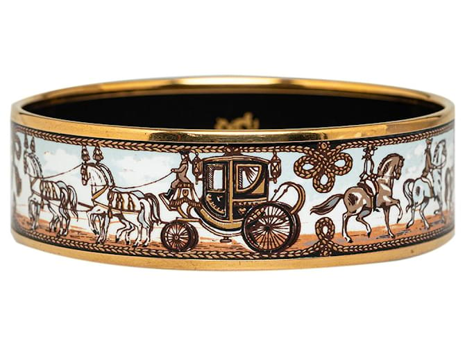 Hermès Pulseira larga de esmalte branco para carruagem de cavalo branco 65 Dourado Metal Banhado a ouro  ref.1305857