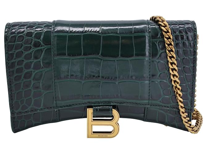 Balenciaga Hourglass Croc-Embossed Wallet On Chain in Green Leather  ref.1305886
