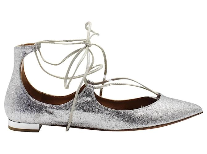 Aquazzura Glittered Christy Lace-up Pointed-Toe Flats in Silver Leather Silvery  ref.1305891