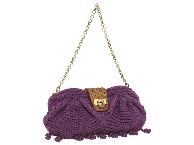 Salvatore Ferragamo Gancini Chain Shoulder Bag Cotton Purple Auth 68677A  ref.1306064