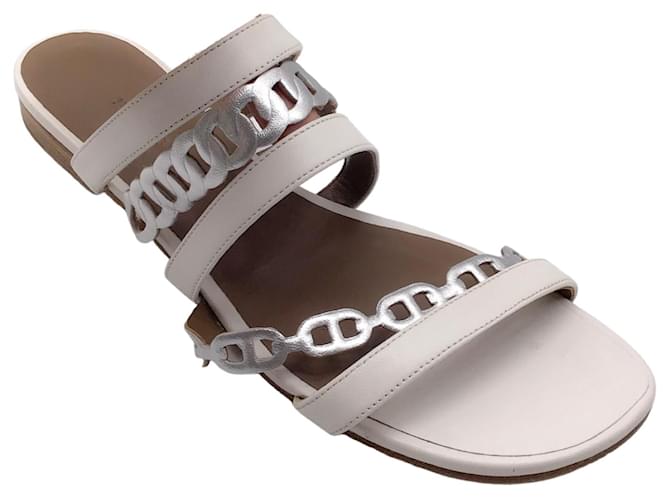 Autre Marque Hermes White / Silver Metallic Chain Strap Flat Leather Sandals  ref.1306170