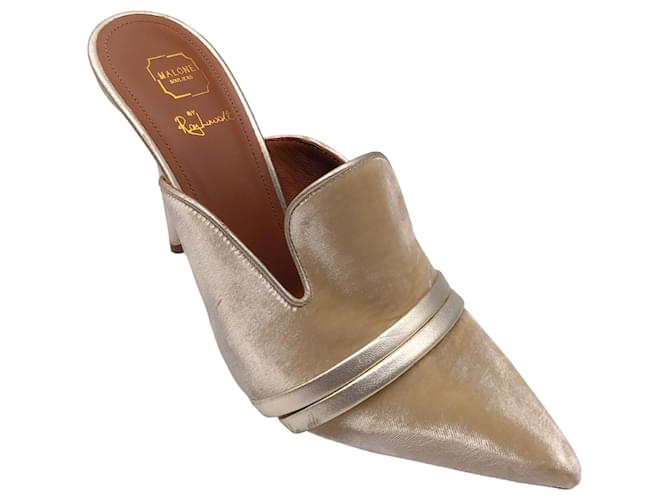 Autre Marque Malone Souliers Champagne Metallic Leather Trimmed Pointed Toe Velvet Mule Heels Beige  ref.1306183