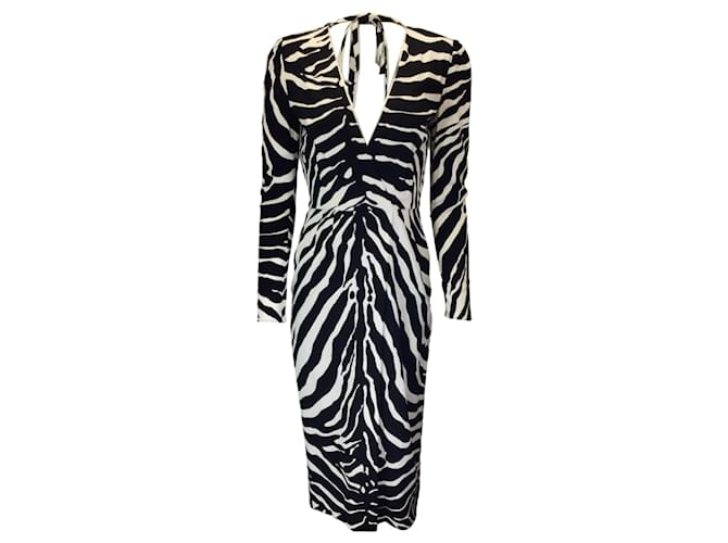 Autre Marque Dolce & Gabbana Noir / Robe en crêpe blanche à manches longues et imprimé zèbre Viscose Multicolore  ref.1306190