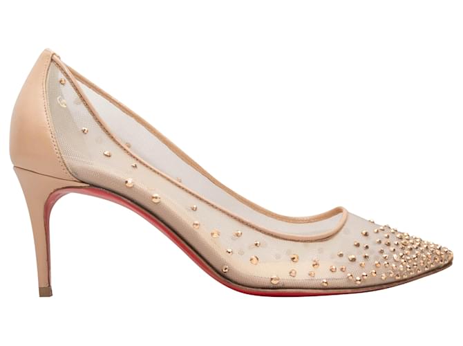 Beige Christian Louboutin Follies Leather & Mesh Strass-Embellished Pumps Size 34 Cloth  ref.1306205