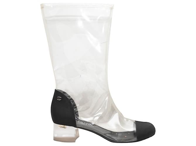 Transparente und schwarze Chanel-Stiefel mit Kappe aus PVC und Ripsband, Größe  39 Leinwand  ref.1306208