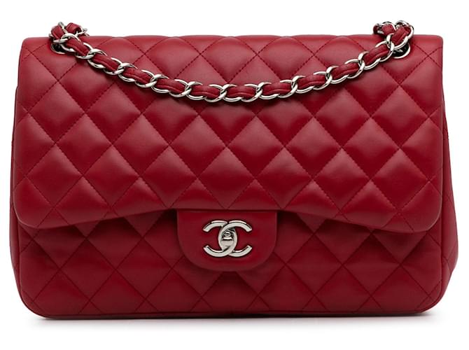 Bolsa de ombro com aba Chanel Jumbo Classic vermelha forrada de pele de cordeiro Vermelho Couro  ref.1306231
