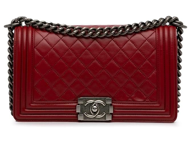 Red Chanel Medium Lambskin Boy Flap Bag Leather  ref.1306256
