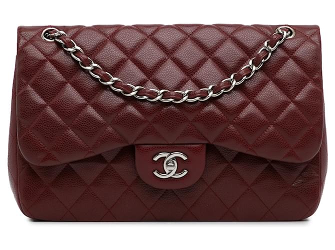 Burgundy Chanel Jumbo Classic Caviar Double Flap Shoulder Bag Dark red Leather  ref.1306265