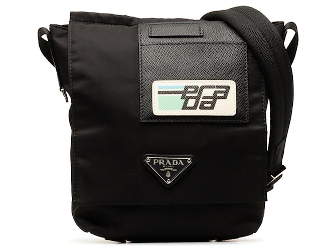 Black Prada Tessuto and Saffiano Trimmed Racer Logo Crossbody Leather  ref.1306279