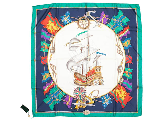 Grüner und mehrfarbiger Seidenschal mit Segelboot-Print von Gucci  ref.1306343