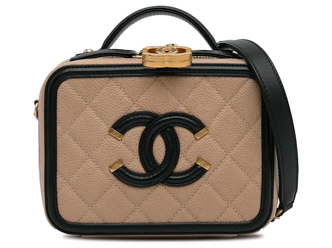 Vanity Beigefarbene Chanel-Kosmetiktasche mit kleinem Caviar CC-Filigranmuster Leder  ref.1306411