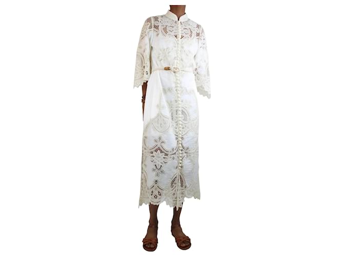 Zimmermann Cream embroidered buttoned-front midi dress - size UK 10 Linen  ref.1306563