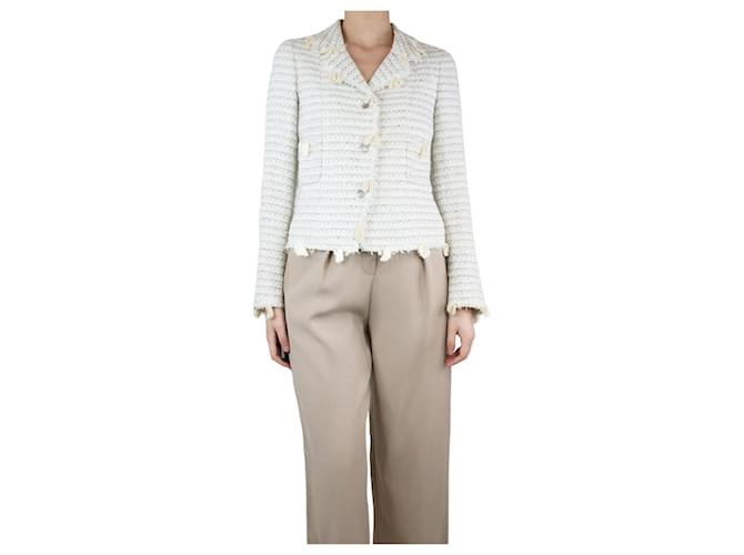 Chanel Pale green tweed fringed jacket - size UK 8 Cotton  ref.1306586