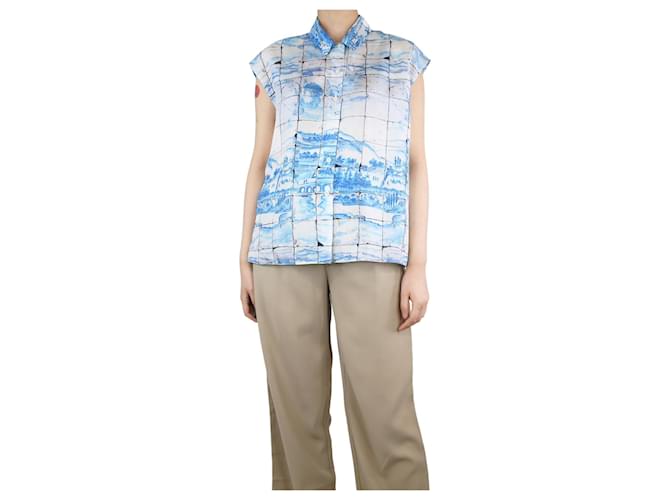 Prada Blue sleeveless printed shirt - size UK 14 Silk  ref.1306613