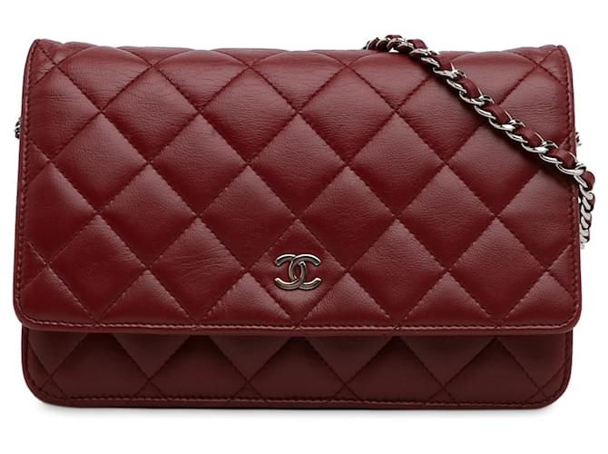 Wallet On Chain Cartera Chanel clásica de piel de cordero roja con cadena Cuero  ref.1306635