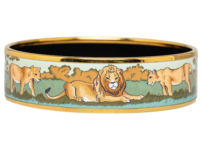 Hermès Gold Pride of Lions Breites Emaille-Armband 65 Golden Grün Metall Vergoldet  ref.1306685