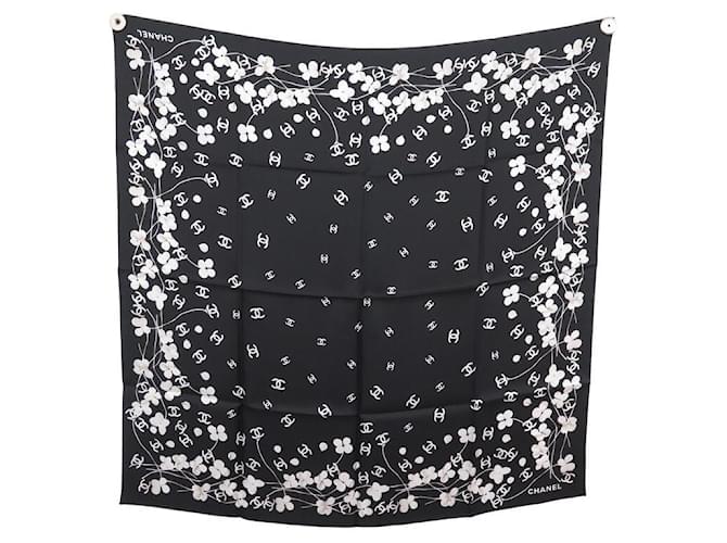 NEW CHANEL SCARF CC LOGO AND AA FLOWERS7691 IN BLACK SILK NEW SILK SCARF  ref.1306776