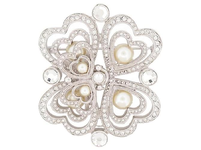 Other jewelry NEW CHRISTIAN DIOR CLOVERS BROOCH STRASS SILVER METAL STEEL BROOCH Silvery  ref.1306777