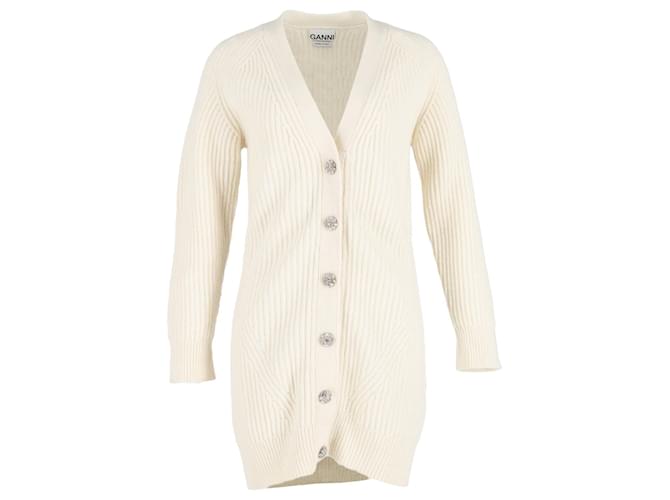 Ganni Rib-Knit Long Cardigan in Cream Wool White  ref.1306816