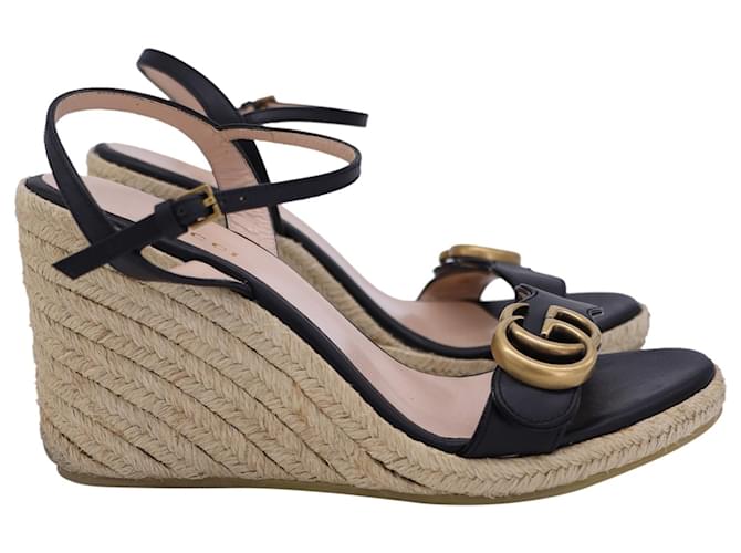 Gucci GG Espadrille Wedge Sandals in Navy Blue Leather  ref.1306824