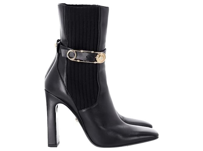 Versace Safety Pin High Heel Boots in Black Leather  ref.1306832