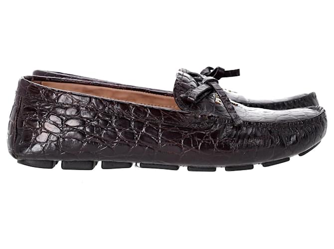 Prada Bow Loafers in Brown Croc-Embossed Leather  ref.1306834