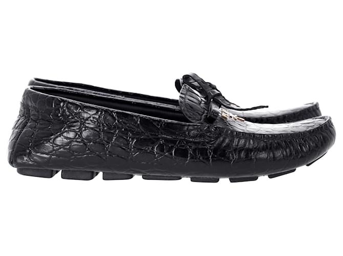 Prada Bow Loafers in Black Croc-Embossed Leather  ref.1306835