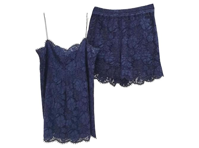 Conjunto de traje de camisola y pantalones cortos de encaje de algodón azul marino CHANEL 2014. Azul oscuro  ref.1306916