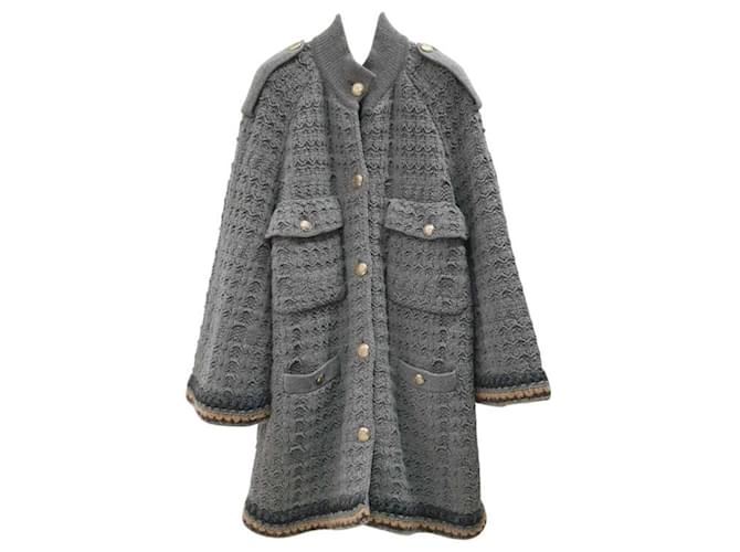 Chanel Light Gray Long Sleeve Coat Dark grey Wool  ref.1306991