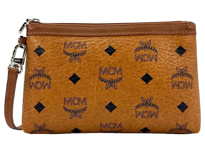 Bolsa mini MCM Visetos Etui Pochette, pequena bolsa de cosméticos em cognac com logotipo. Conhaque  ref.1306995
