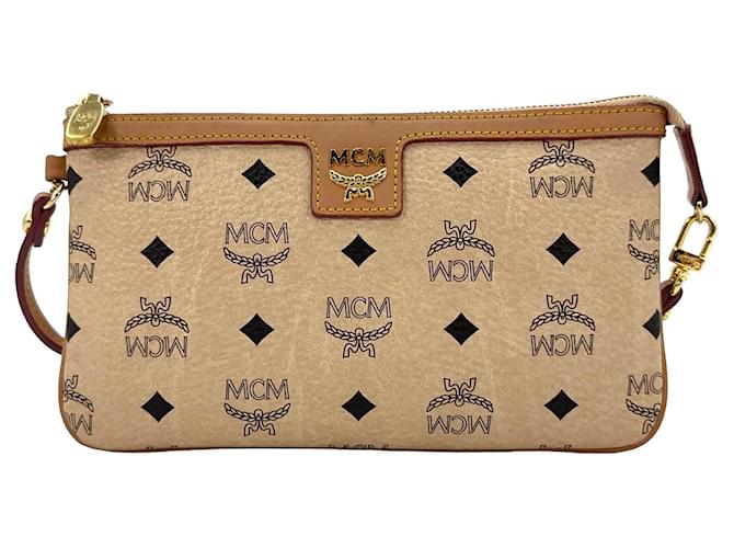 MCM case pouch cosmetic bag ivory brown bag logo print clutch pouch  ref.1307098