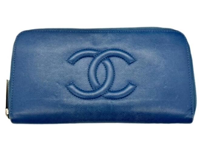 Chanel Long portefeuille zippé Marineblau Leder  ref.1308565