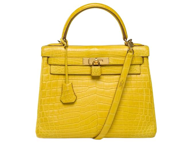 Hermès Hermes Kelly Tasche 28 im gelben Krokodil - 101756 Exotisches Leder  ref.1308906