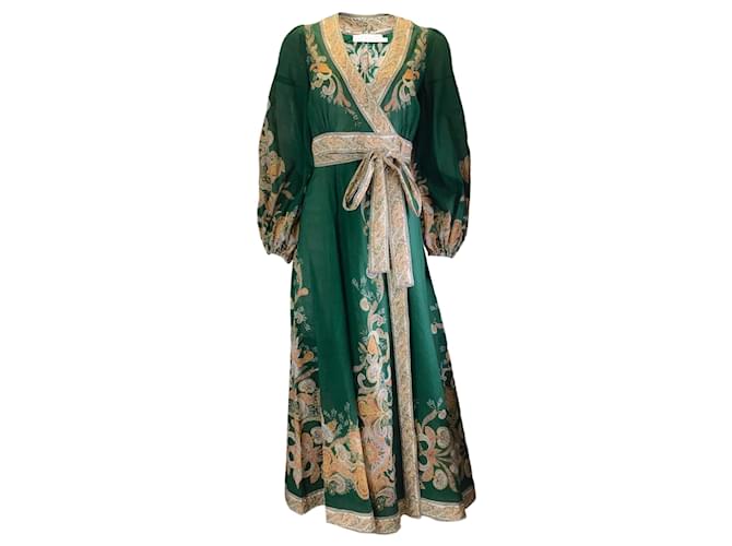 Autre Marque Zimmermann Green Multi Printed Long Sleeved Cotton Wrap Dress  ref.1308912