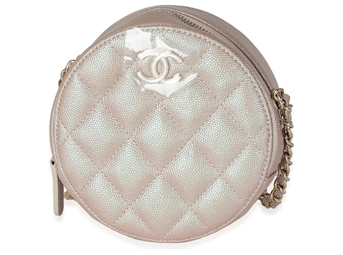 Embreagem redonda de caviar acolchoado iridescente rosa Chanel com corrente Couro  ref.1308981