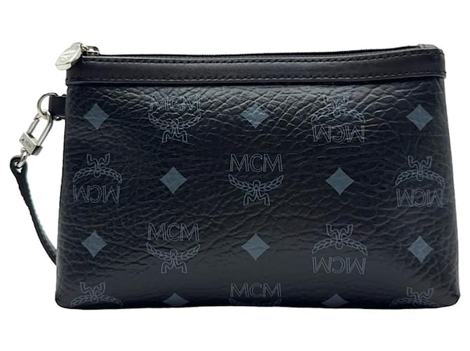 Bolsa pequena MCM Visetos Etui Pochette, preta com prata, bolsa de cosméticos. Preto  ref.1309029