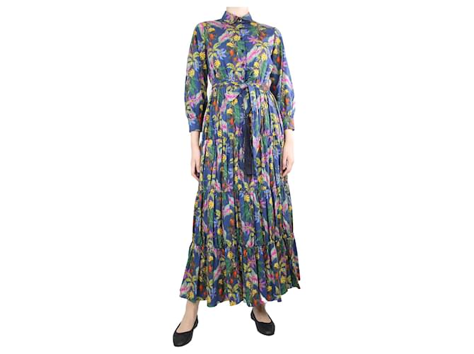 Autre Marque Dunkelblaues Kleid mit Blumenmuster und Gürtel - Größe UK 10 Baumwolle  ref.1309143