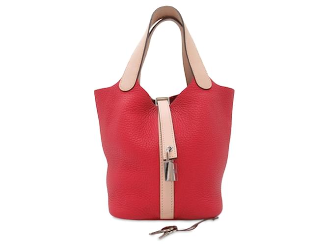 Hermès Red Bicolor Swift and Clemence Picotin Lock 18 PM Leather Pony-style calfskin  ref.1309240