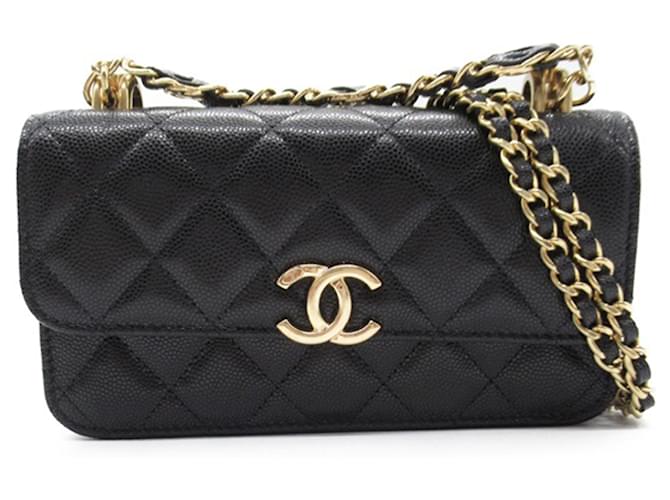 Chanel Black Caviar Coco First Flap Phone Holder with Chain Leather  ref.1309244