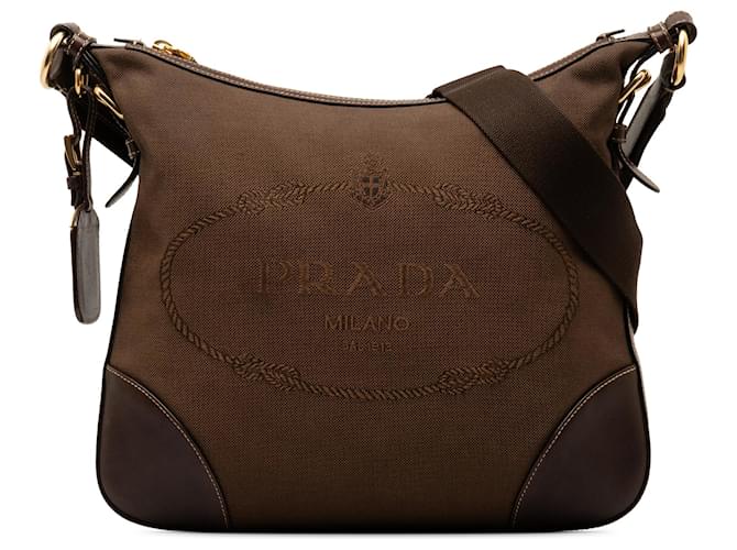 Bolso bandolera marrón con logotipo de Canapa de Prada Castaño Marrón oscuro Cuero Lienzo Becerro Paño  ref.1309247