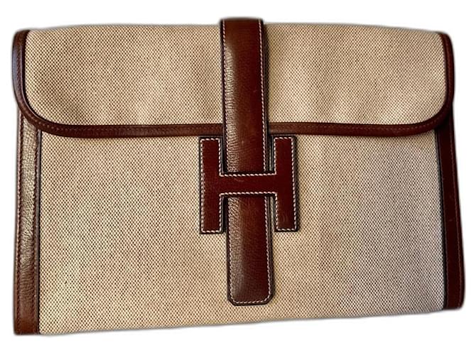 Hermès leather and canvas clutch bag circa 1996 Beige  ref.1309467
